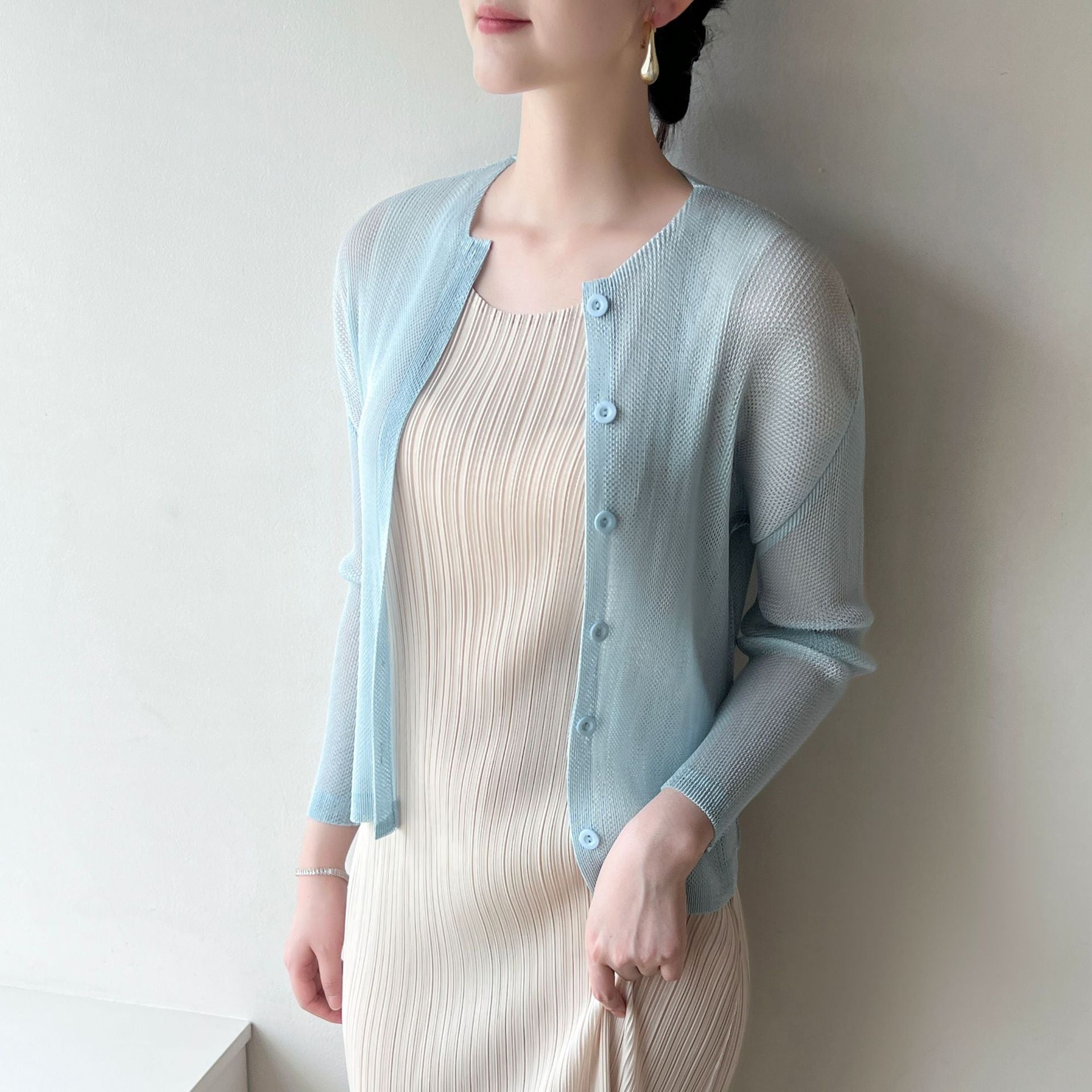 Pleated Mesh Openwork Cardigan