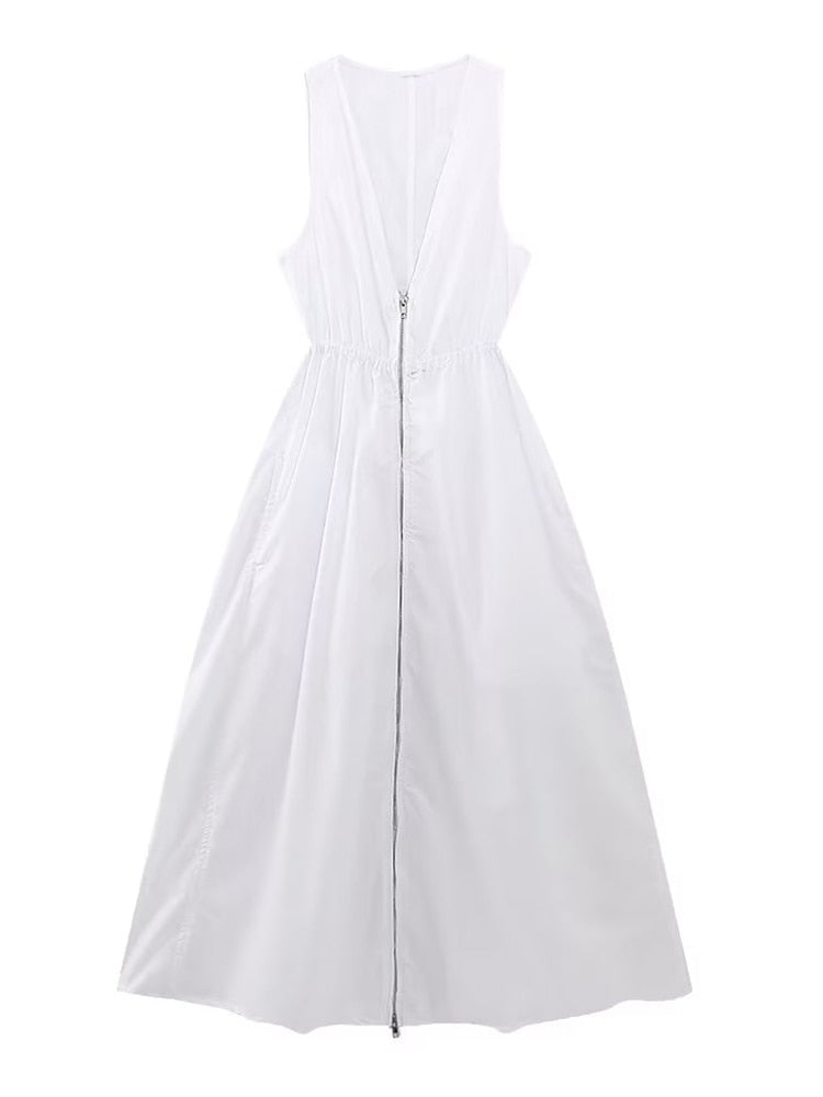 Zipper Poplin Midi Dress