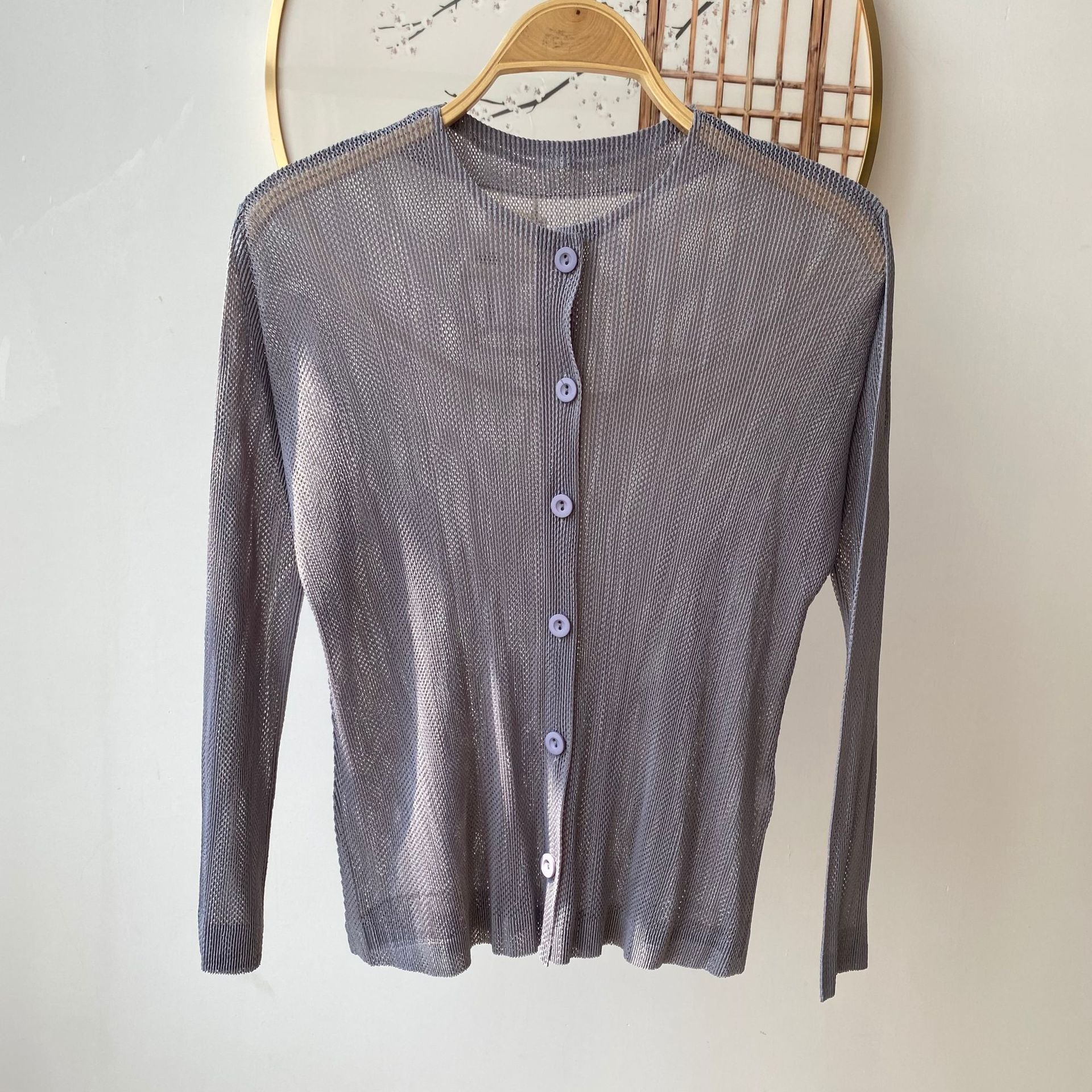 Pleated Mesh Openwork Cardigan