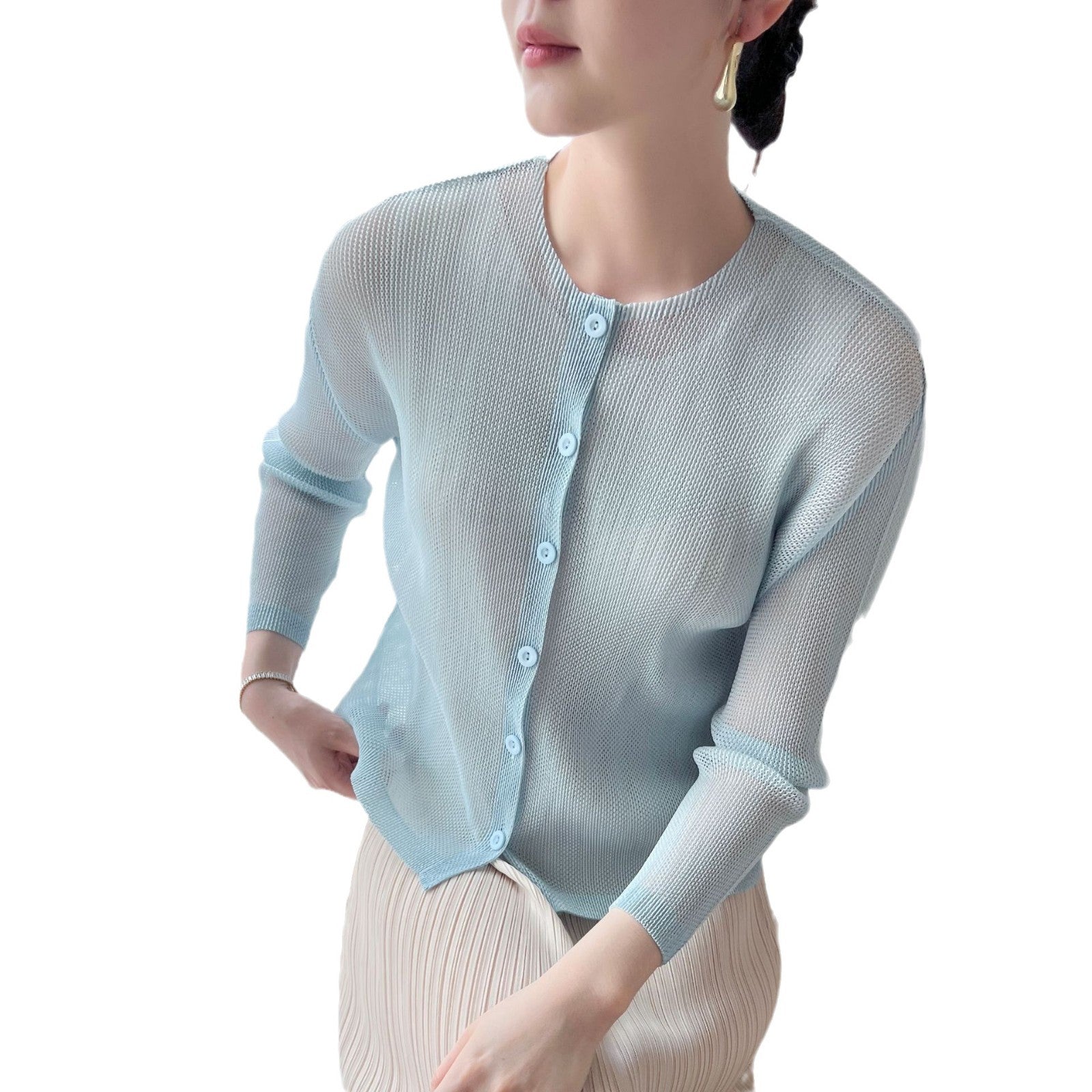 Pleated Mesh Openwork Cardigan