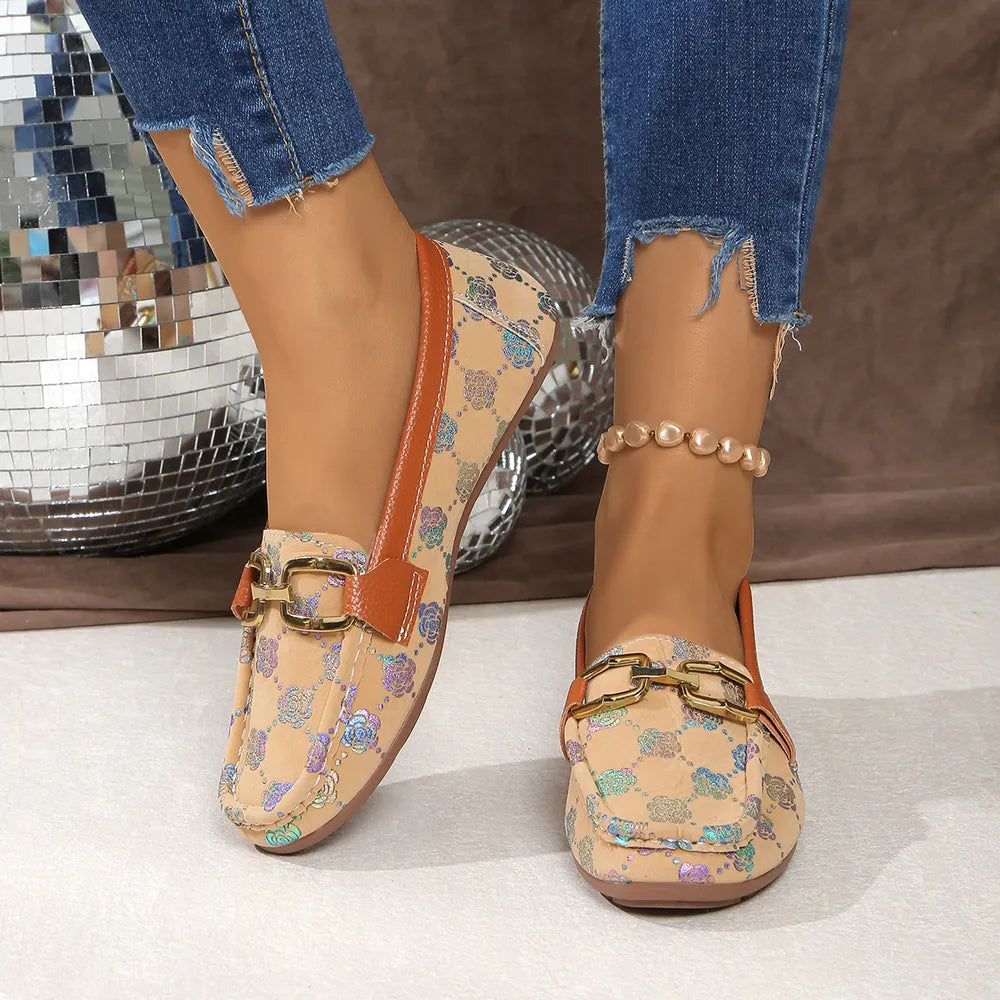 Floral PU Leather Loafers