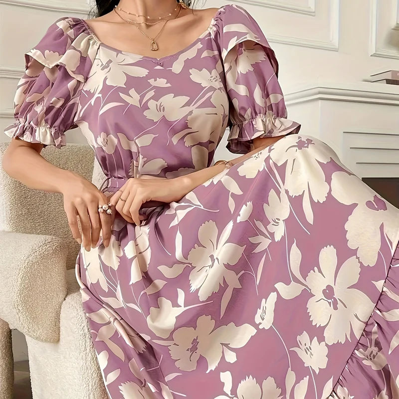 Puff Sleeve Printed Maxi Dress