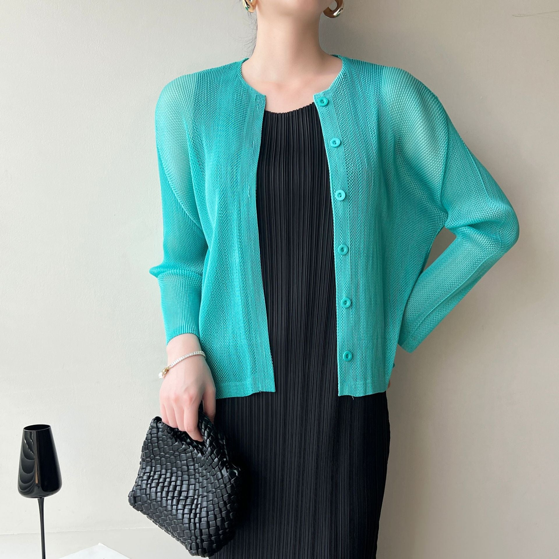 Pleated Mesh Openwork Cardigan