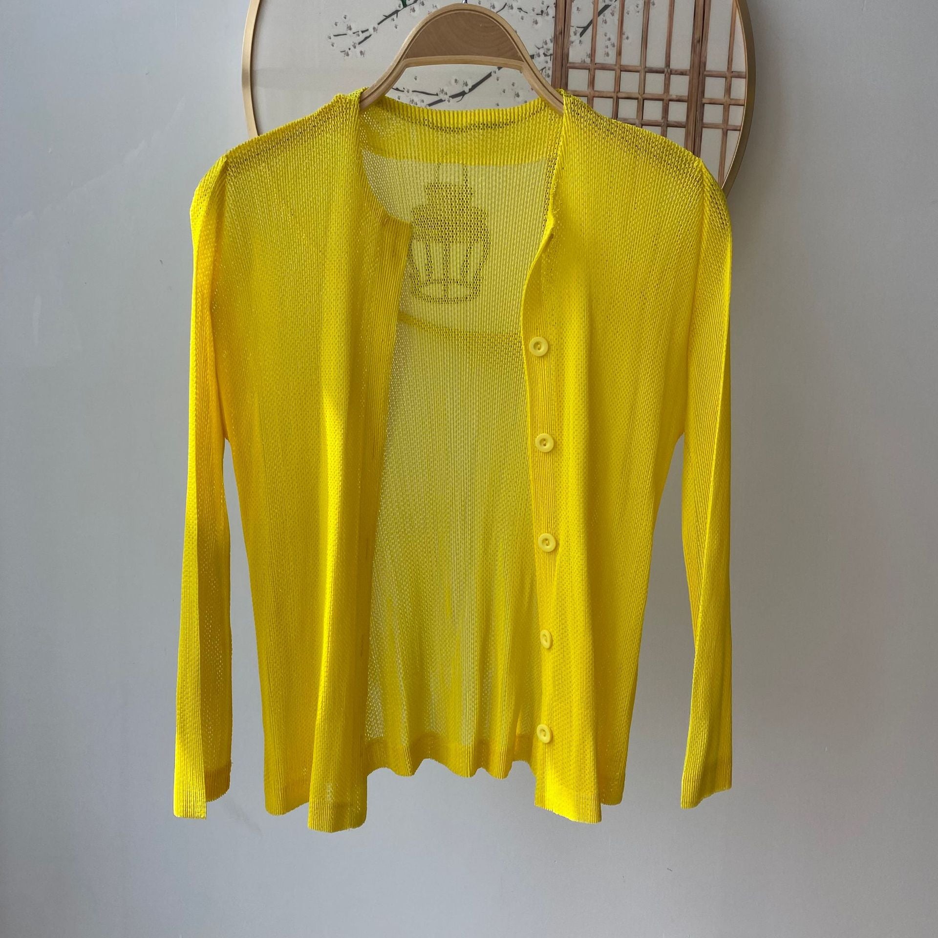Pleated Mesh Openwork Cardigan