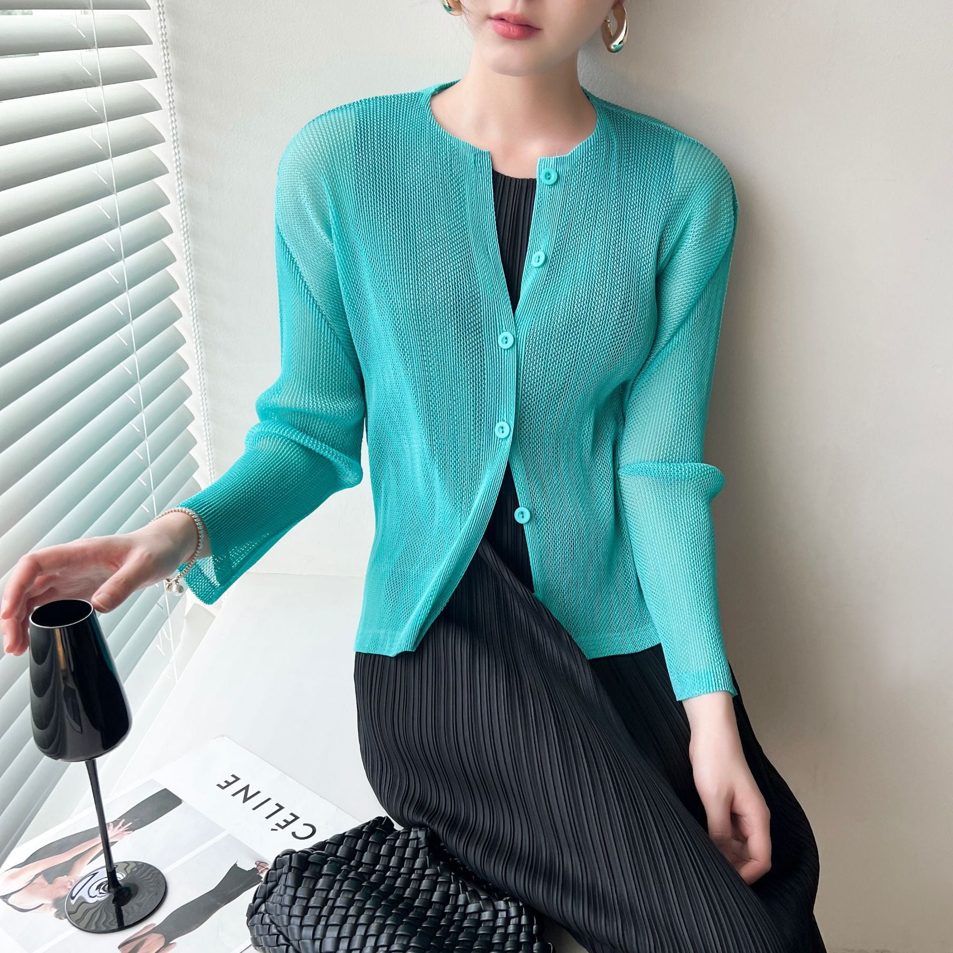 Pleated Mesh Openwork Cardigan