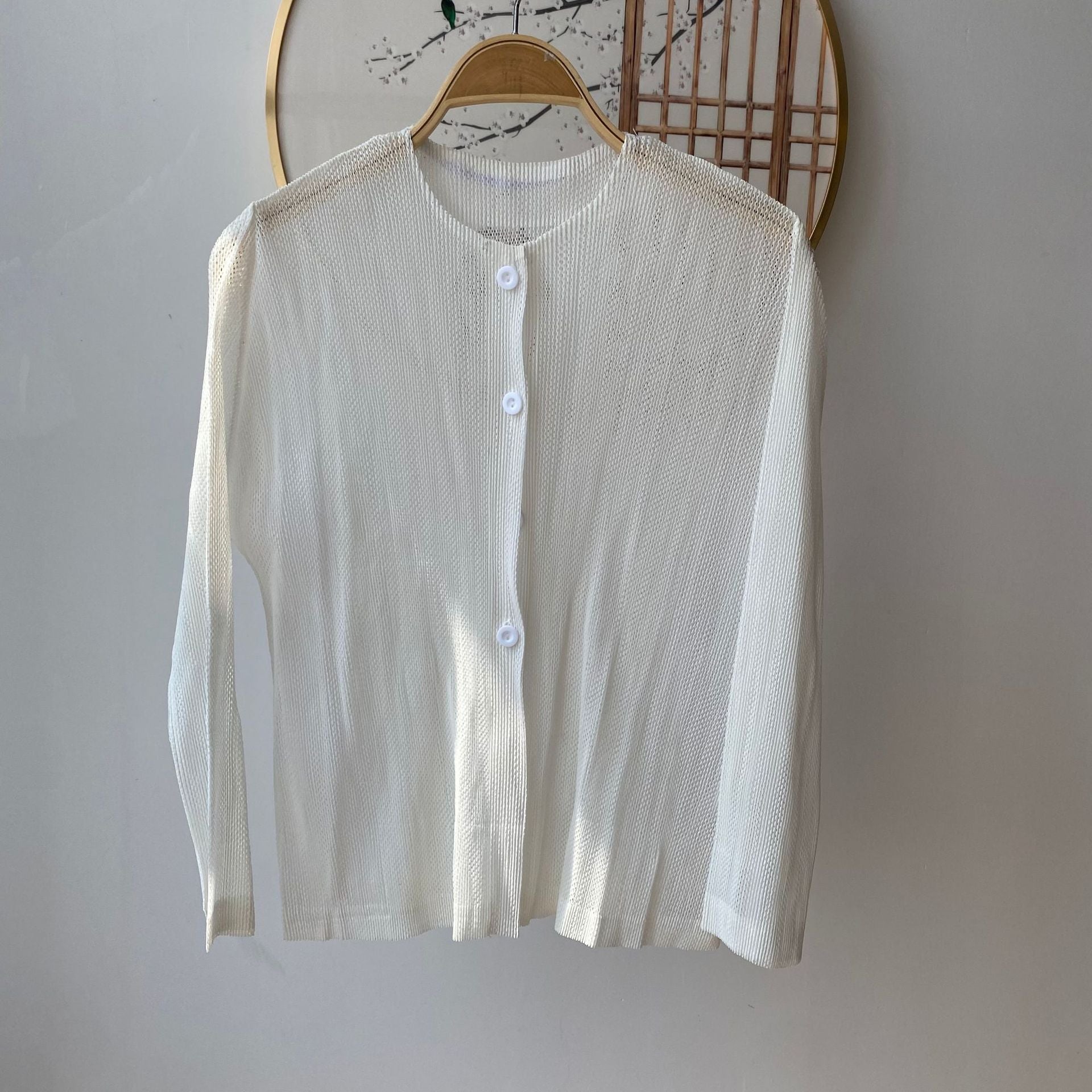 Pleated Mesh Openwork Cardigan