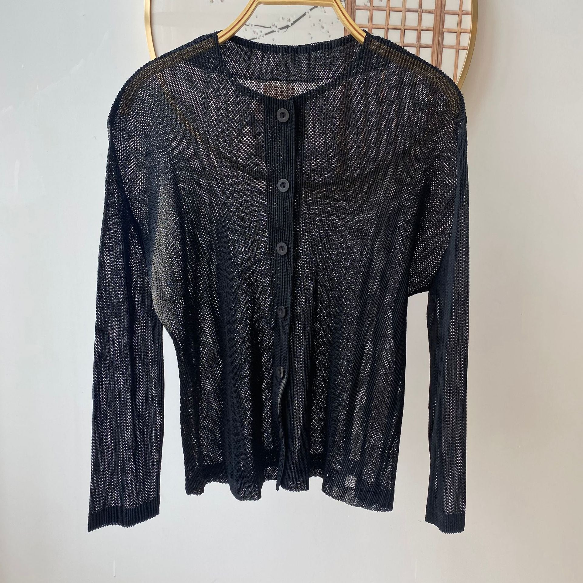 Pleated Mesh Openwork Cardigan