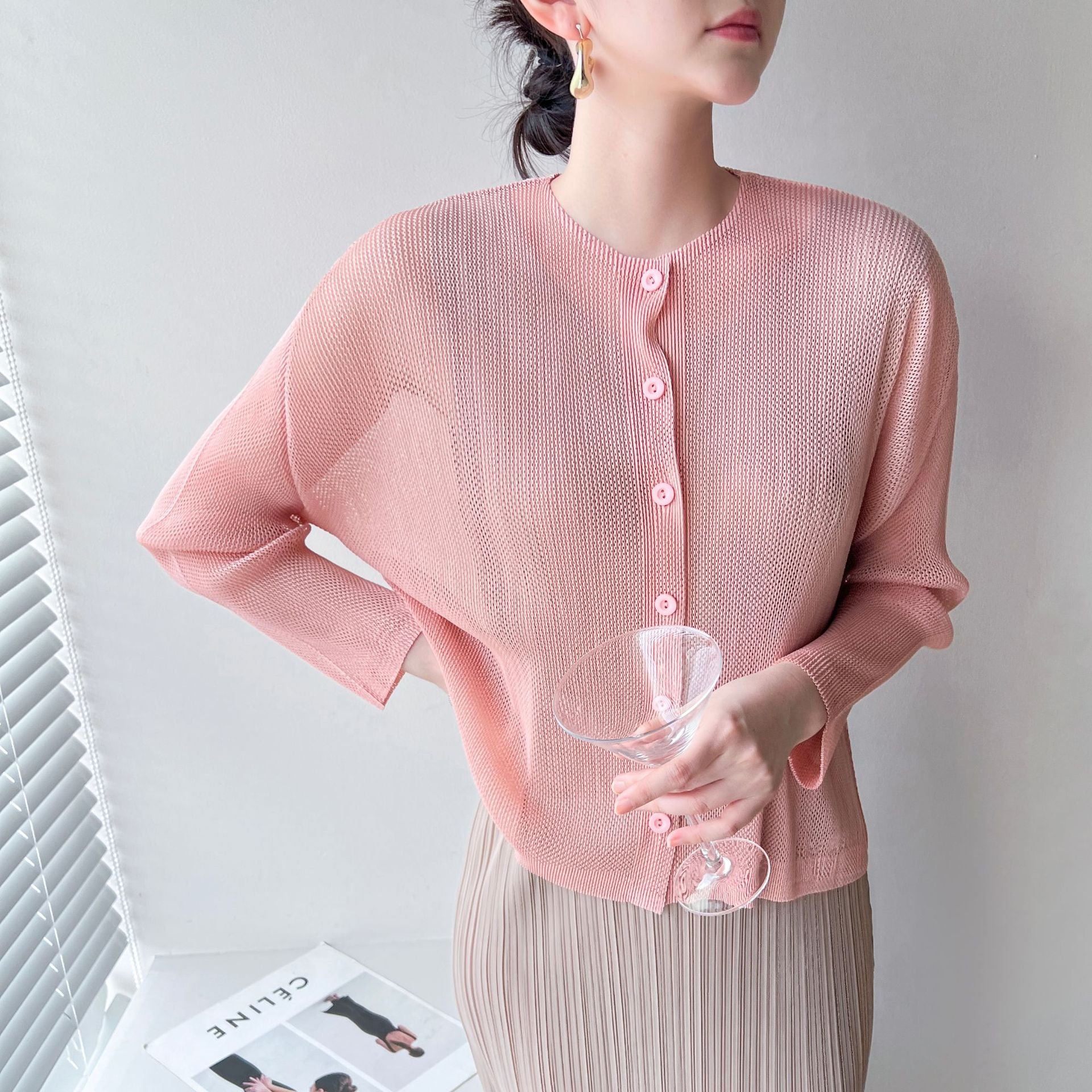 Pleated Mesh Openwork Cardigan