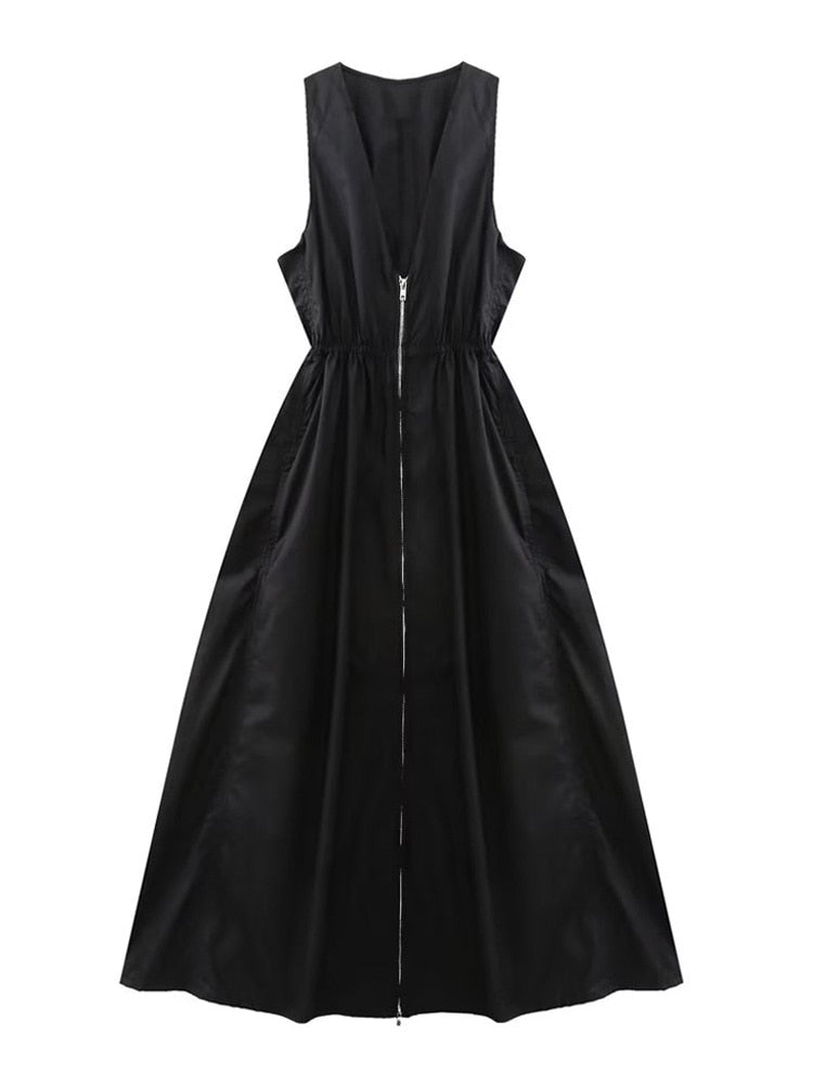 Zipper Poplin Midi Dress